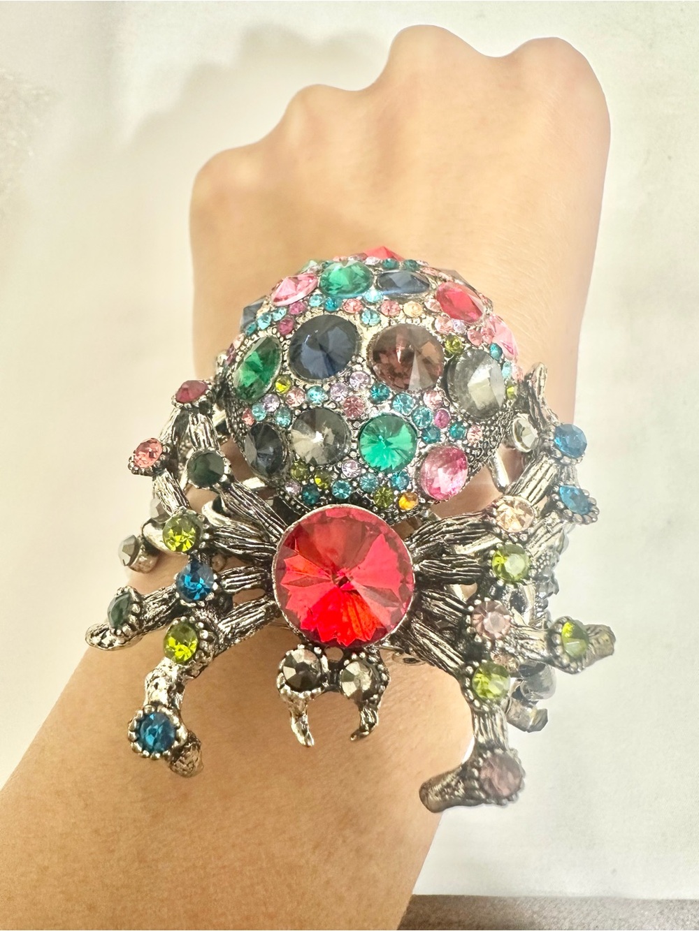 Vintage Bejeweled Crystal Spider Statement Bracelet w/ Removable Brooch (Heavy)